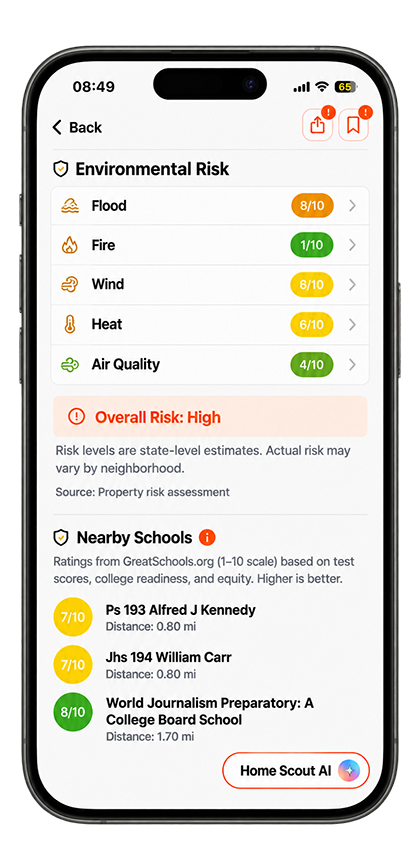 Home3 app - environmental risk and nearby schools
